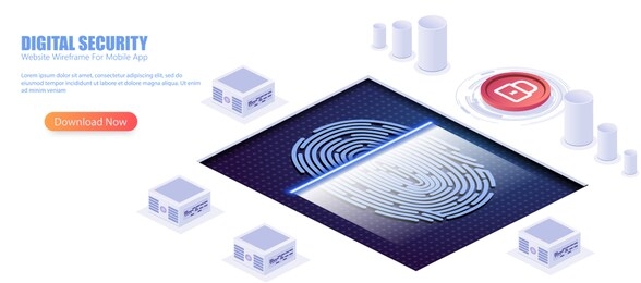 digital security access with biometrics data isometric vector concept with fingerprint sensor or scanner connected to computers or network servers illustration