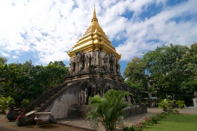 view of the beautiful chedi of wat chiang man in chiang mai, thailand