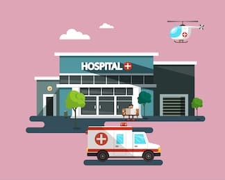 hospital building with ambulance car. vector flat design illustration.