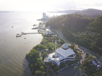 sky view of sandakan city with sandakan district mosque. 