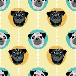 cute cartoon pug faces in large polka dot seamless pattern, turquoise and yellow vector design, great for textiles, gift wrapping paper, dog supplies, groomers, dog walkers all all pug lovers!