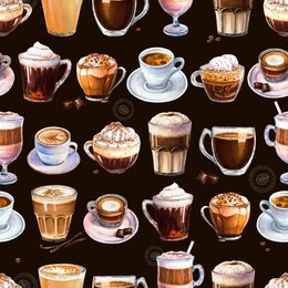 seamless pattern with different coffee drinks on dark background. illustration of espresso, latte and americano, cappuccino and other tasty coffee. hand-drawn by markers, watercolor.