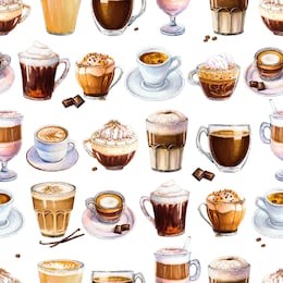 seamless pattern with different coffee drinks on white background. illustration of espresso, latte and americano, cappuccino and other tasty coffee. hand-drawn by markers, watercolor.