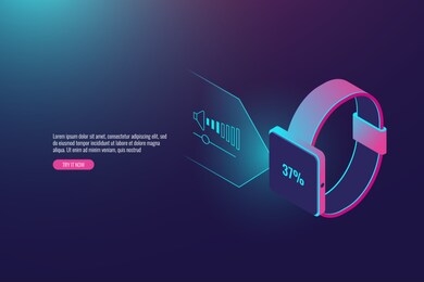 hand watch with holographic control, smartwatch with graphic projection hologram, futuristic technology, isometric vector illustration, neon violet