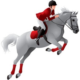 equestrian sport girl rider in red uniform on the white horse, show jumping competition realistic vector illustration