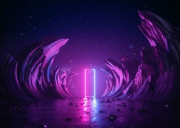 3d render, abstract background, cosmic landscape, rectangular portal, pink blue neon light, virtual reality, energy source, glowing quad, dark space, ultraviolet spectrum, laser, smoke, fog, ground