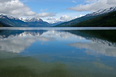 lago roca, tierra del fuego national park, ushuaia, patagonia, argentina. the mountains in the background belong to chile