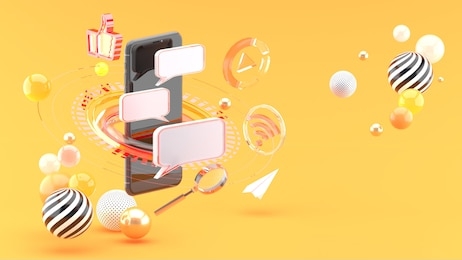 send messages on smartphones surrounded by scifi circles and social media on an orange background.3d rendering.