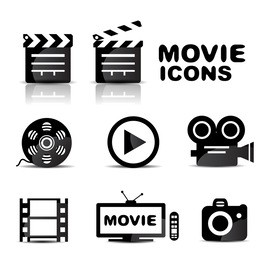 movie black glossy icon set. vector illustration