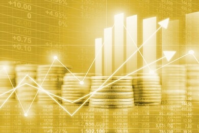 business golden coin digital currency on stock market financial positive indicator background. double exposure growth futuristic chart bitcoin money investment . investor crypto currency data concept.