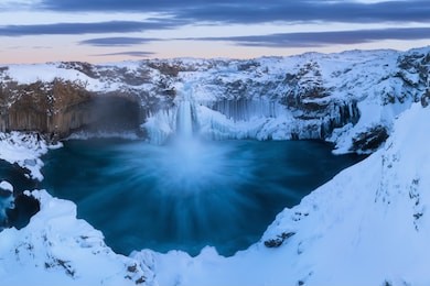 aldeyjarfoss in the north of iceland and one of the most interesting features of the waterfall is the contrast between the black basalt columns and the white waters. the most beautiful waterfall.