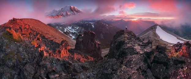 the beauty & tranquility of a summer evening at mount rainier national park. cascade mountains, washington state, usa