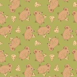 mouse with the cheese. cartoon vector seamless pattern. handdrawn rodent. rat. symbol of 2020 year