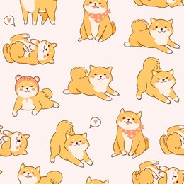 kawaii shiba inu dogs in various poses. hand drawn colored vector seamless pattern. pink background
