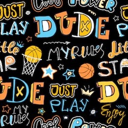 sketch basketball seamless pattern for boys. hand-drawing lettering, typography slogan. print design for t-shirts, children's party, clothes. little star, enjoy, cool dude, my rules, power.