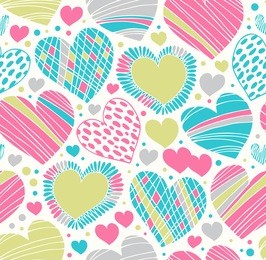 colorful love ornamental pattern with hearts. seamless scribble background. creative fabric texture with many details