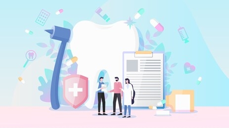 healthcare and dental insurance flat vector concept with medical instruments, human tooth, pills and man receiving insurance policy from insurance agent and doctor illustration. medicine services