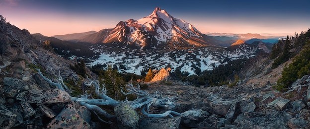 at 10,492 feet high, mt jefferson is oregon's second tallest mountain.mount jefferson wilderness area, oregon
the snow covered central oregon cascade volcano mount jefferson rises above a pine forest