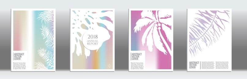 holographic cover. tropical flyer on rainbow background.  fluid poster design.  brochure foil design. holographic backdrop. stylish vector cover design.  abstract gradient retro texture.
