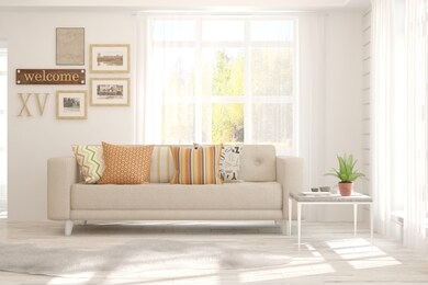 white room with sofa and autumn landscape in window. scandinavian interior design. 3d illustration