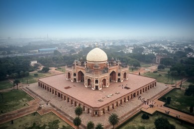 aerial view of the humayun's tomb in delhi, india. humayun's tomb is the tomb of the mughal emperor humayun