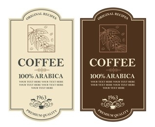 collection of coffee labels with branch, beans and cup