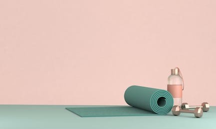 3d render illustration, sport fitness equipment, female concept, yoga mat, bottle of water, dumbbells, 
