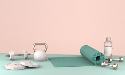 3d render illustration, sport fitness equipment, female concept, yoga mat, bottle of water, dumbbells, weights,  