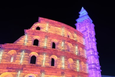 collosseum and big ben ice structures at harbin ice and snow world 2019