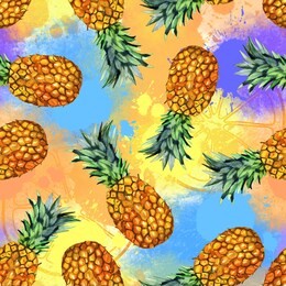 watercolor fruit, hand painted pineapple  illustration seamless pattern on color background