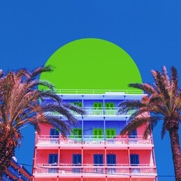 aesthetic art collage with summer hotel and inversion colours in circle frame. 