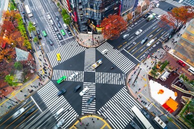 asia business concept for real estate and corporate construction - panoramic urban city aerial view with crosstown traffic in ginza, tokyo, japan