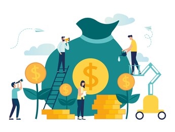 vector creative illustration of business graphics, the company is engaged in the joint construction and the cultivation of cash profits, career growth to success, flat color icons, a big bag of money 