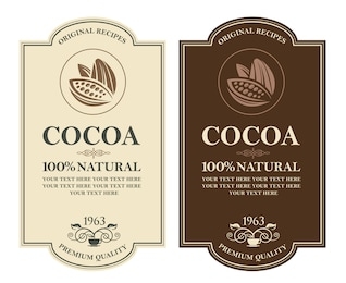collection of labels with cocoa beans, branch and leaves