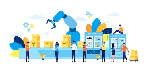 vector illustration, flat style, a production line with workers, automation and user interface concept: user connecting with a tablet and sharing data with a cyber-physical system, smart industry 4.0