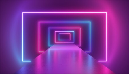 3d render, virtual reality environment, neon light, rectangular portal, tunnel, ultraviolet spectrum, abstract background, laser show, fashion catwalk podium, path, way, stage, floor reflection