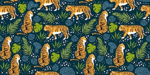 seamless pattern with cartoon tigers and tropical leaves. trendy style. vector illustration