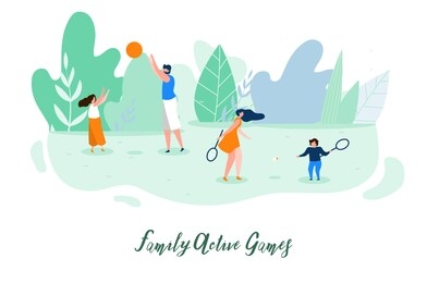family active games flat vector banner or poster with parents playing ball and badminton with children on green meadow in park illustration. outdoor activity, healthy lifestyle, summer leisure concept