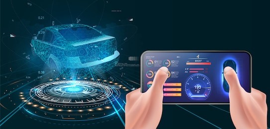 futuristic car cockpit and touch screen. autonomous car. driverless vehicle. hud(head up display). gui(graphical user interface)