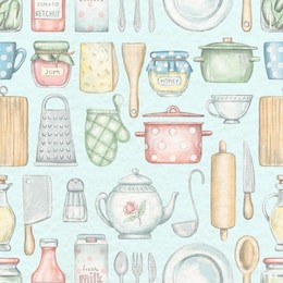 seamless pattern with various kitchenware, grocery products and tableware isolated on blue background. lead pencil graphic and digital illustration