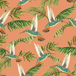 seamless tropical pattern with hummingbirds and palm leaves
