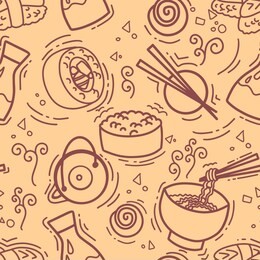 seamless pattern with asian snacks, tea, noodles and sushi rolls traditional seaweed. asia cuisine restaurant
