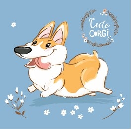 excited corgi dog run tongue out vector poster. happy fox pet character walk outdoor in flowers. little funny welsh doggy series on blue background flat cartoon print banner.