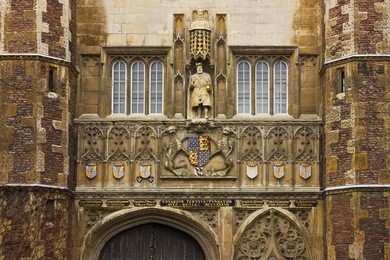 detail of the great gate entrance of trinity college in cambridge, united kingdom.