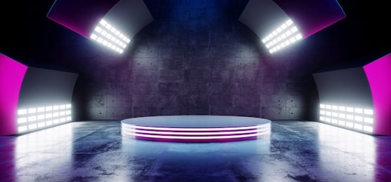 sci fi modern futuristic neon purple blue vibrant colors with empty circle stage hall glowing with big white lights studio on grunge reflective concrete dark room 3d rendering illustration