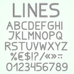 retro geometrical grey english alphabet with numbers and symbols. vector set. isolated on white background