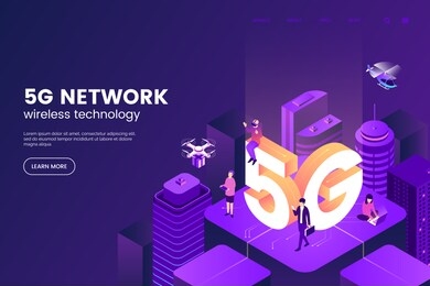 5g network wireless technology vector illustration. isometric smart city with big letters 5g and tiny people. modern city connected to global network. internet in urban environment. eps 10.
