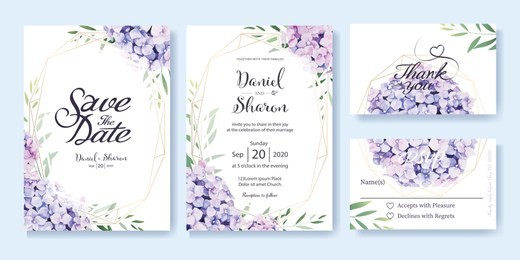 wedding invitation, save the date, thank you, rsvp card design template. vector. hydrangea flowers, olive leaves. watercolor style.