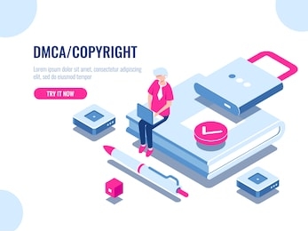 dmca data copyright isometric icon, content security, book with lock, electronic digital contract, young man with laptop pc, flat cartoon vector illustration