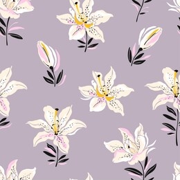 flowers design pattern with blossoming lilies, vector seamless illustration in vintage style.